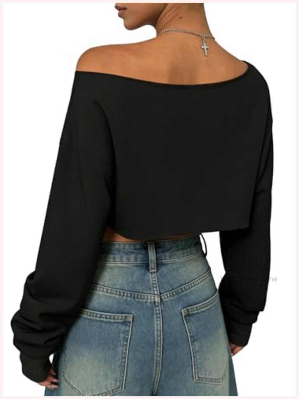 Off Shoulder Cropped Sweatshirt Asymmetrical Neck Long Sleeve Crop Top - Picture 5 of 7